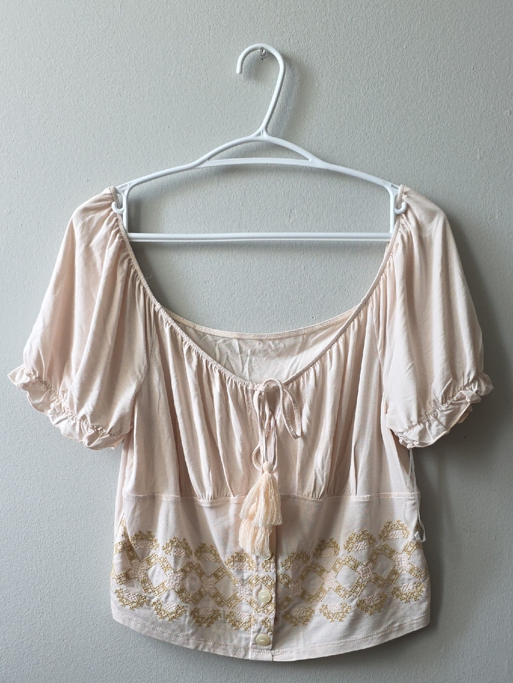American Eagle Outfitters Blush Peasant Tie-Front Top with Gold Embroidery